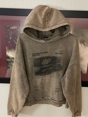 Zara Brown Washed Graphic Hoodie Sweatshirt